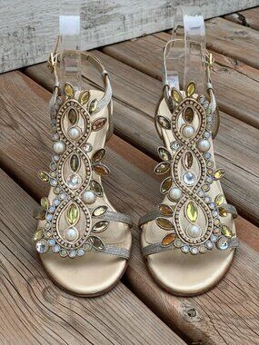 Ramon Tenza Rhinestone Beaded Strappy Sandals 5.5 Gold Silver Embellished Heels